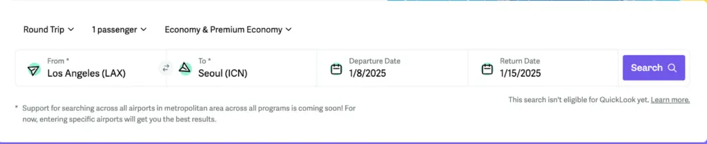 Screenshot of point.me flight search results for Los Angeles to Seoul on Asiana Airlines, priced at 42,000 Chase Ultimate Rewards points transferred to Aeroplan