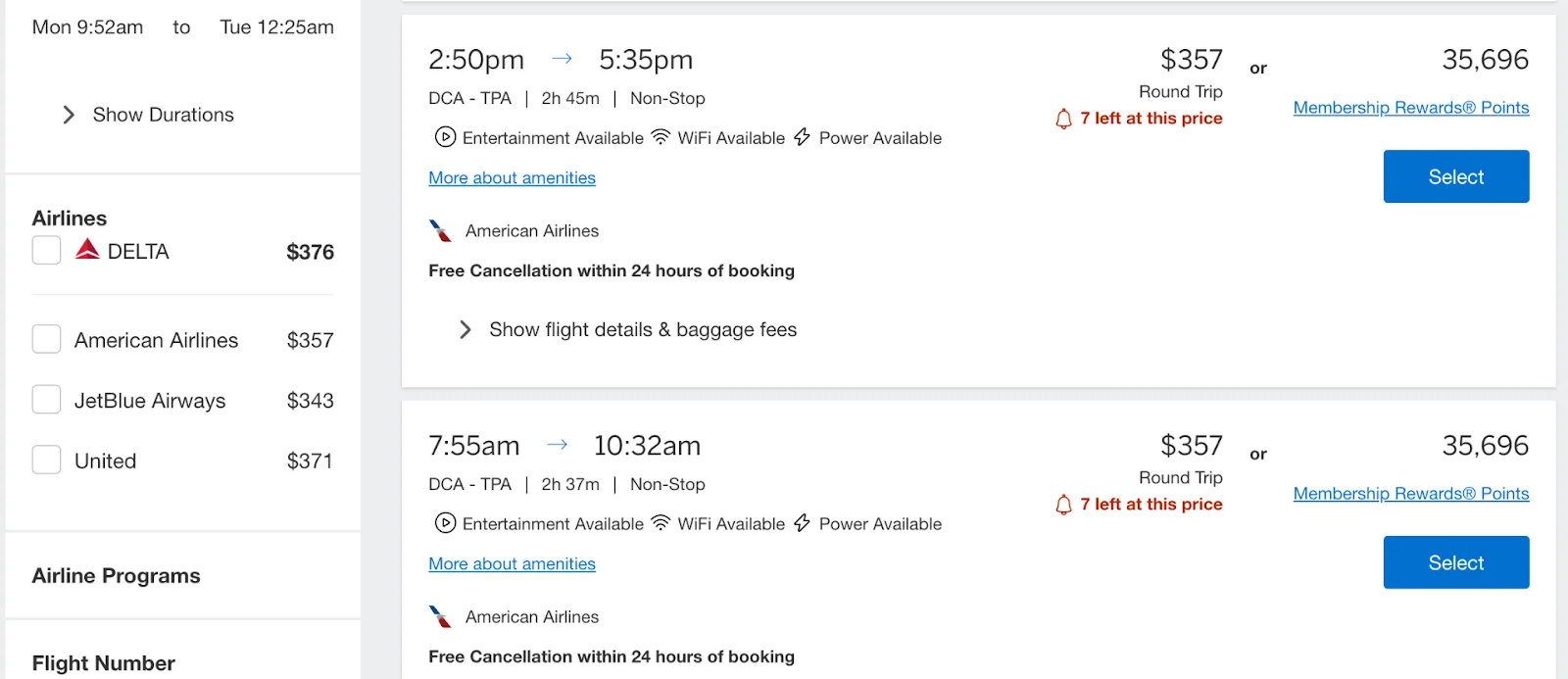 Screenshot of flight search results for Washington DC to Tampa, showing an American Airlines fare of $357 or 35,696 Membership Rewards points.