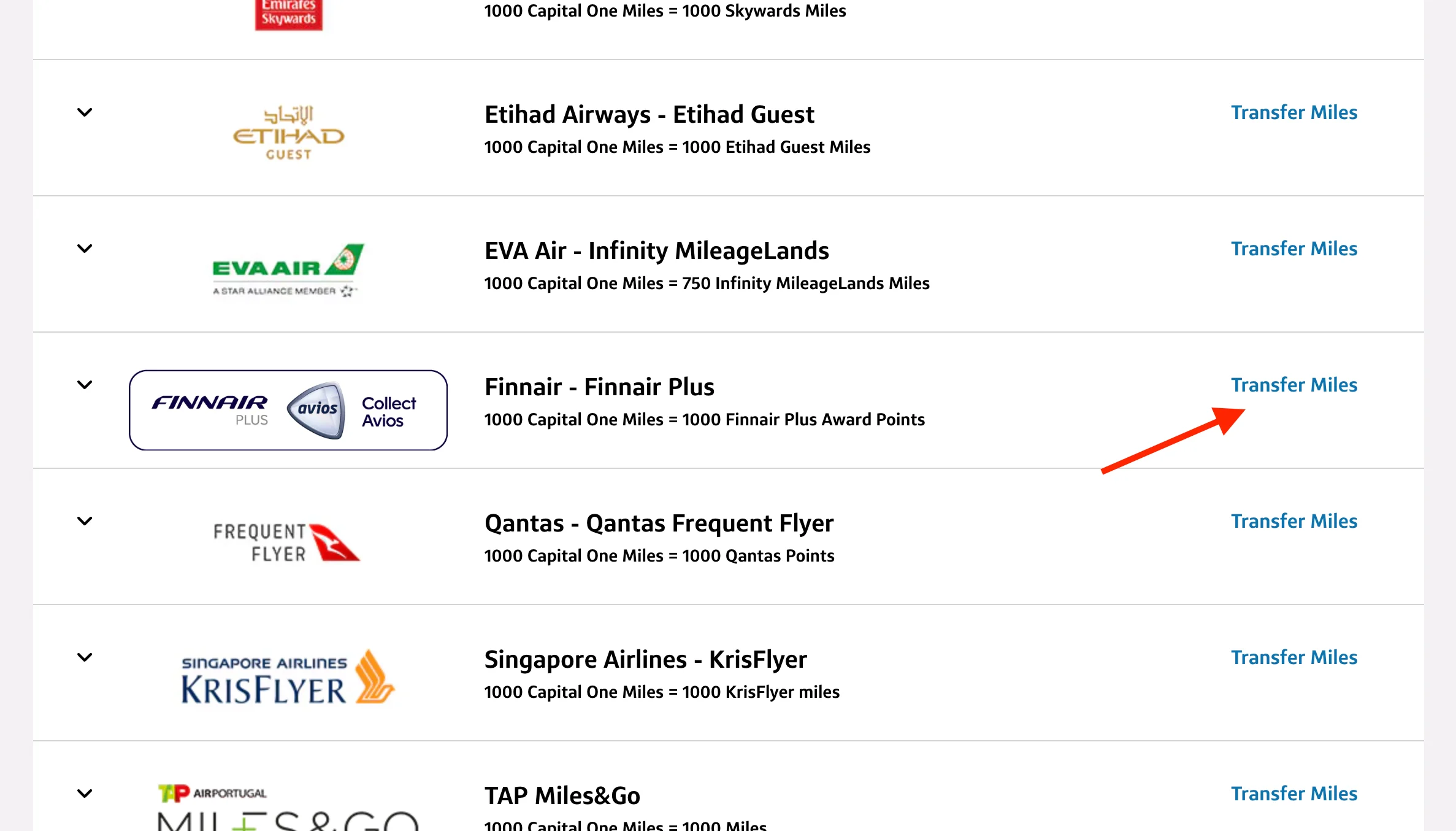 Screenshot of Capital One's transfer partners list highlighting Finnair Plus with a 1:1 mile transfer ratio, among other airline programs.