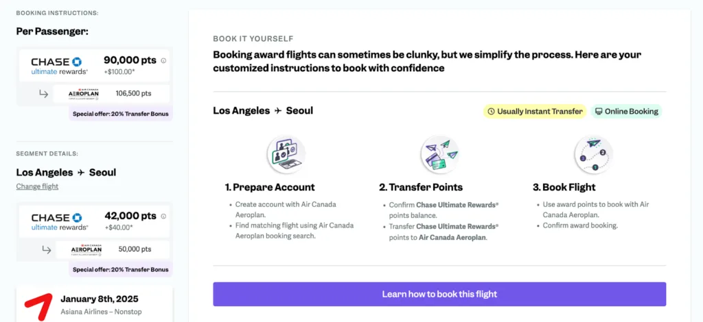 Screenshot of point.me step-by-step booking instructions for transferring Chase Ultimate Rewards points to Air Canada Aeroplan for a Los Angeles to Seoul flight