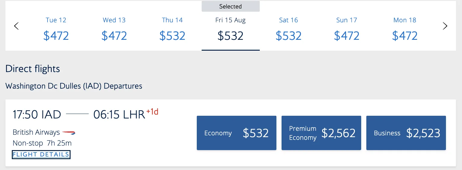 Screenshot of a British Airways fare calendar for Washington Dulles to London, showing economy prices between $472 and $532 per day.