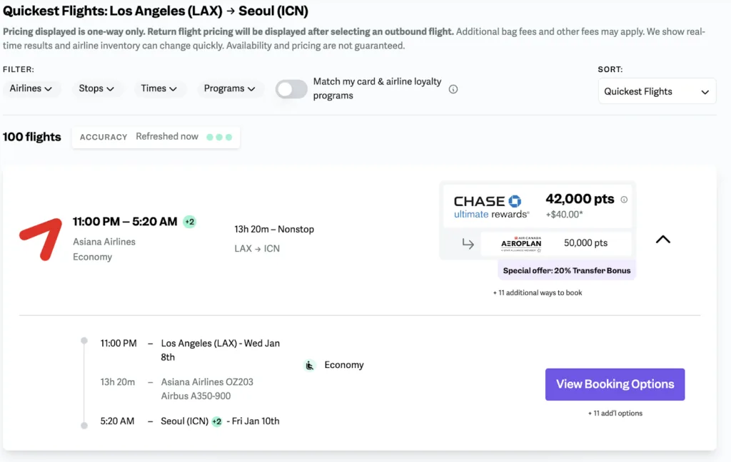 Screenshot of point.me's quickest flight results for Los Angeles to Seoul on Asiana Airlines, priced at 42,000 Chase Ultimate Rewards points