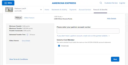 Screenshot of Step 3 for transferring points in the American Express Transfer portal, entering the partner account number.