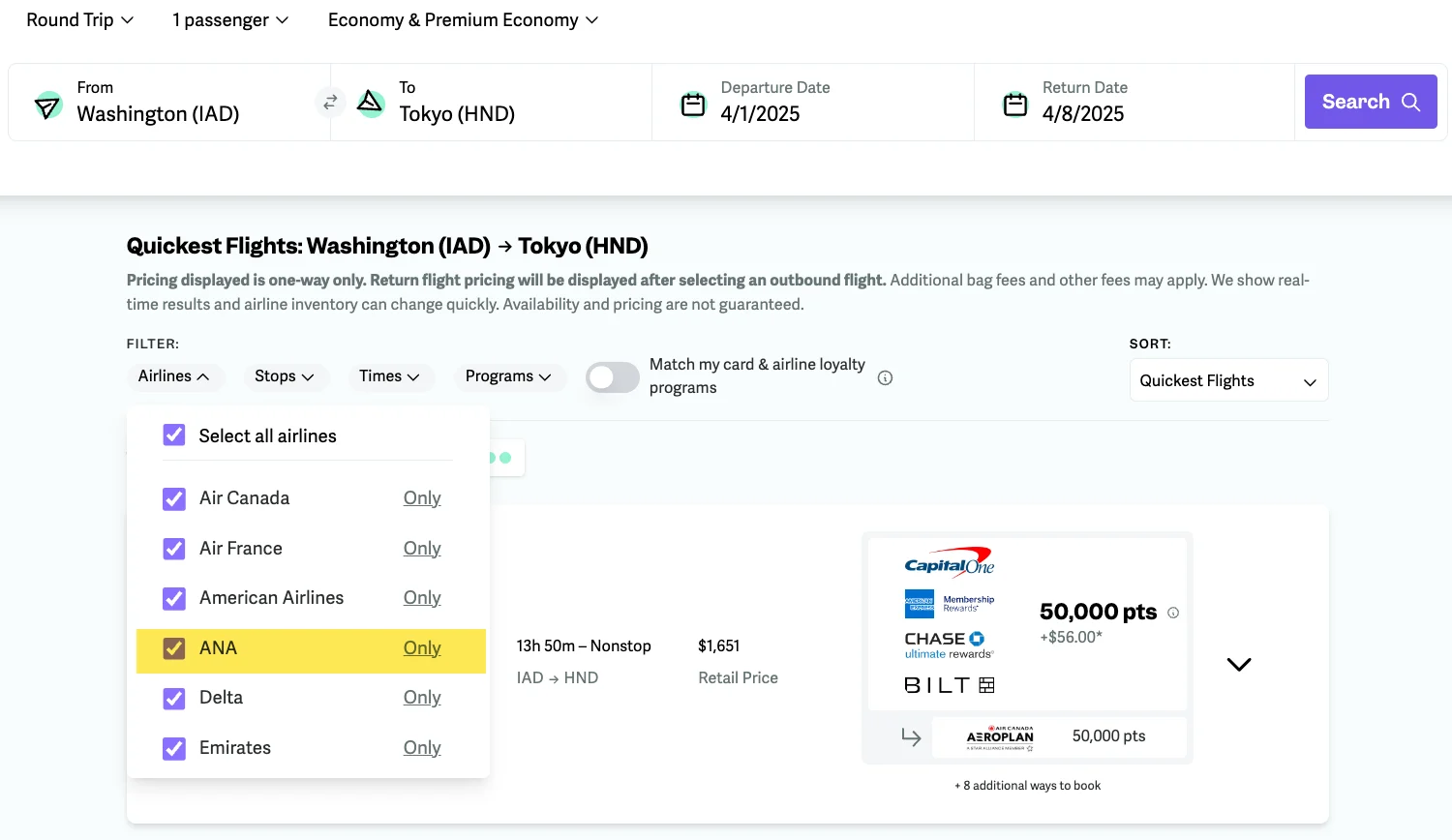 point.me flight search results for a Washington to Tokyo round trip showing an ANA nonstop flight bookable via Capital One, Chase, or Bilt for 50,000 points