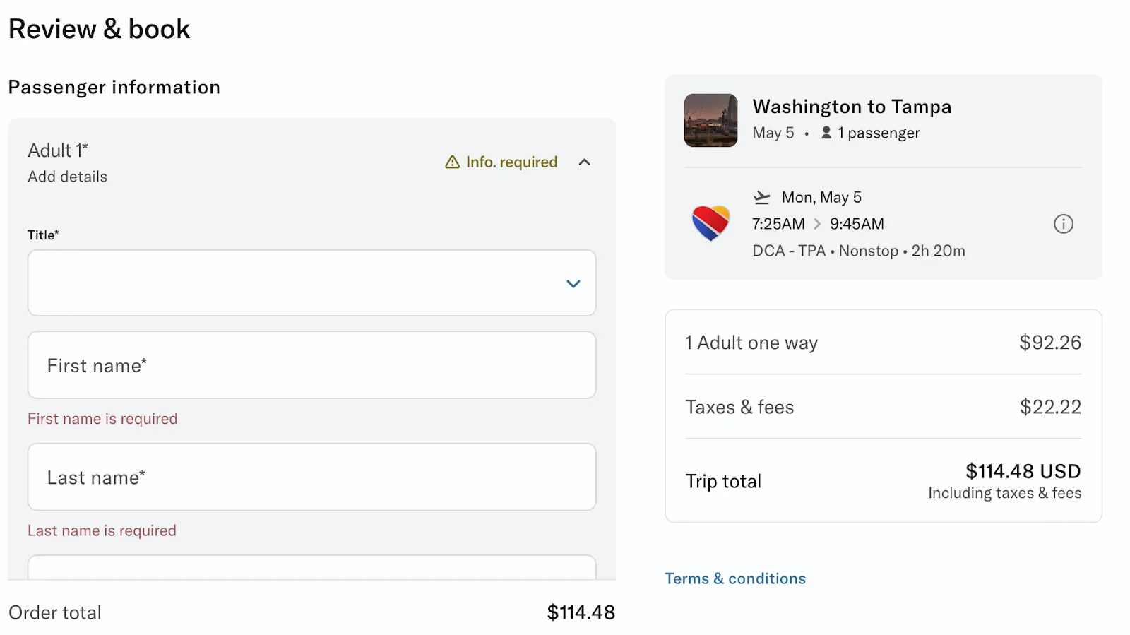 Screenshot of the Bilt travel portal review and book screen for a Washington to Tampa Southwest flight totaling $114.48