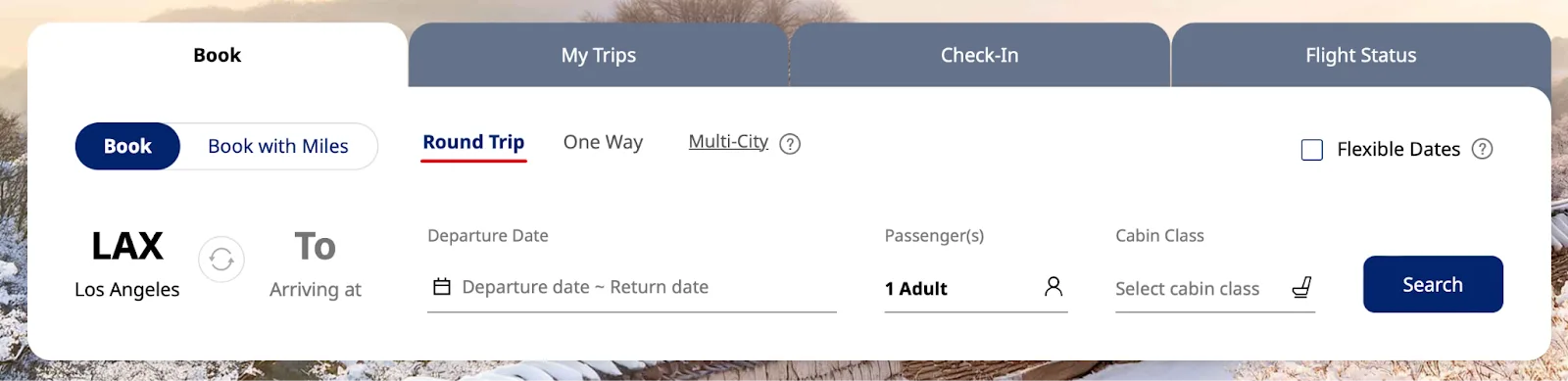 Screenshot of the Korean Air booking widget with Book and Book with Miles tabs, showing a search from Los Angeles.