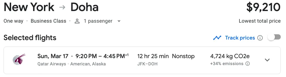 Flight search result showing a nonstop New York to Doha Qatar Airways business class flight priced at $9,210