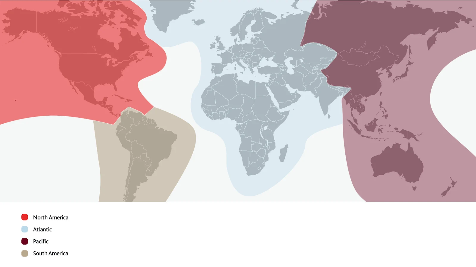 World map showing Air Canada Aeroplan's award chart regions, including North America, Atlantic, Pacific, and South America zones