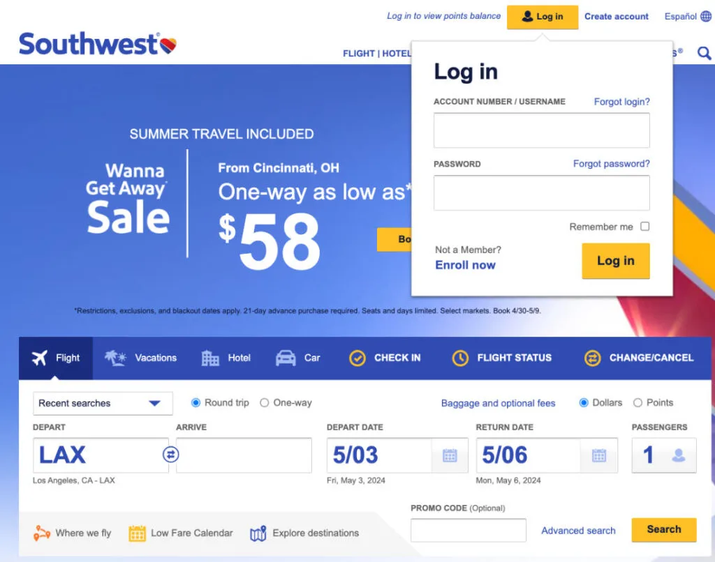 Screenshot of Southwest Airlines search results for Los Angeles to Minneapolis-St. Paul with fares shown across Business Select, Anytime, and Wanna Get Away fare types
