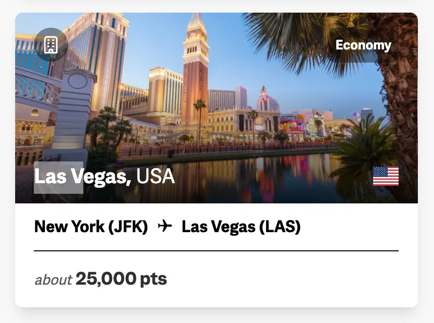 A point.me search result card showing a New York JFK to Las Vegas economy flight for about 25,000 points, with an image of the Las Vegas Strip