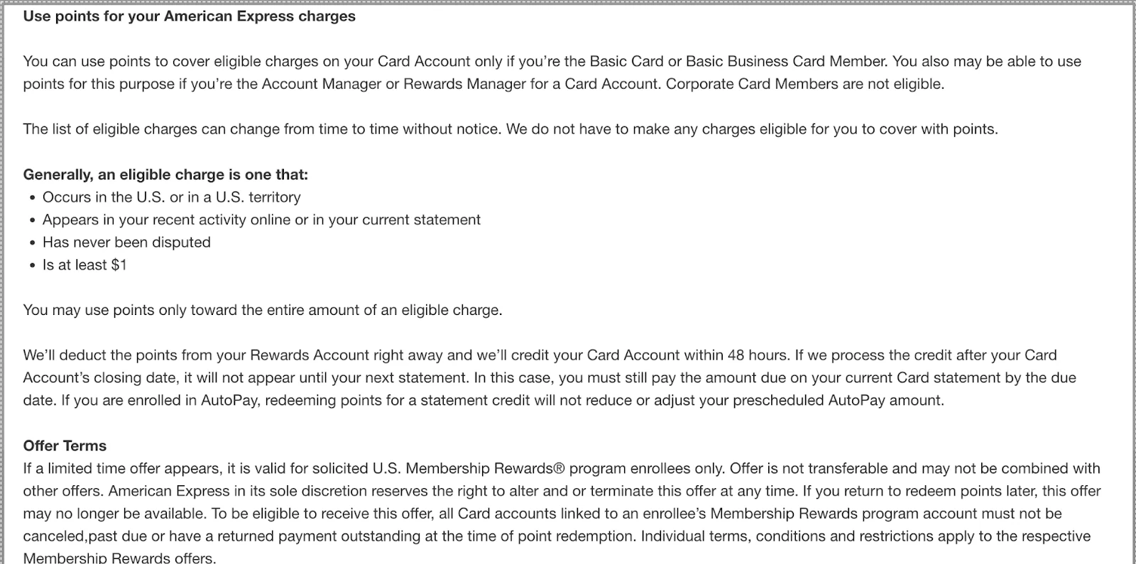 Screenshot of American Express terms and conditions for using Membership Rewards points to cover eligible card charges.