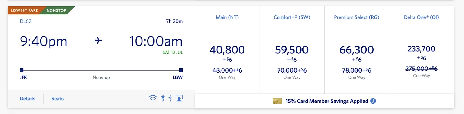 Screenshot of a Delta award search for a JFK to London Gatwick flight showing mileage prices across Main, Comfort+, Premium Select, and Delta One cabins with a 15% card member discount