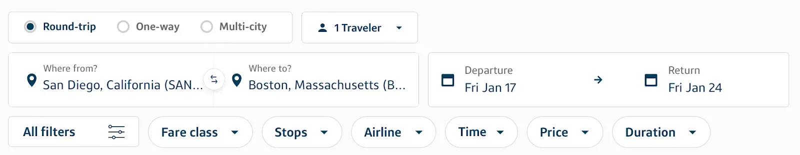 Screenshot of a Capital One Travel round-trip search bar set for San Diego to Boston, January 17 to 24