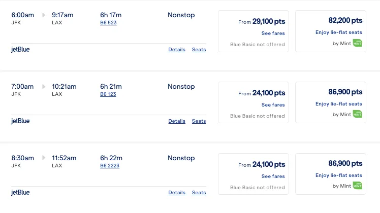 Screenshot of JetBlue fare search results for JFK to Los Angeles, showing Mint lie-flat seats priced between 82,200 and 86,900 points.