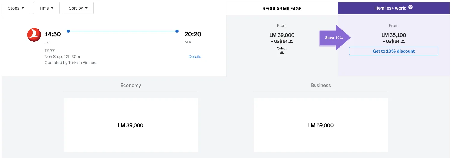 Screenshot of an Avianca LifeMiles search showing an Istanbul to Miami Turkish Airlines flight priced at 39,000 miles in economy or 69,000 miles in business class, with a LifeMiles+ discount option