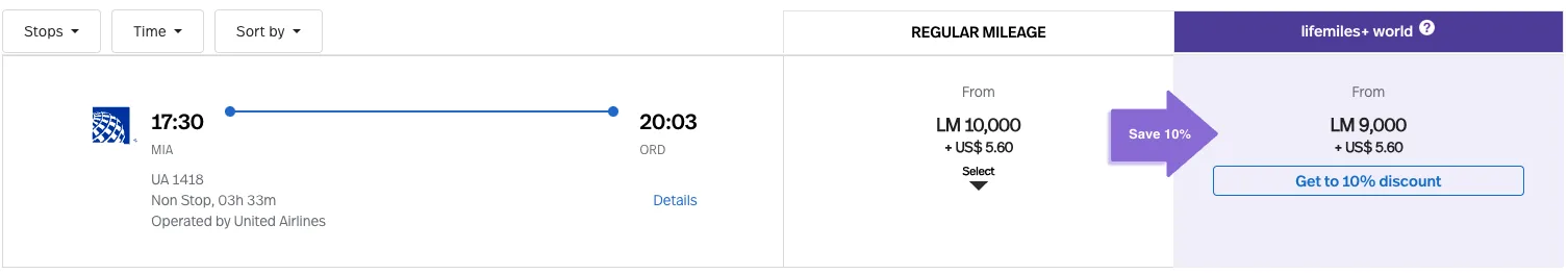Screenshot of an Avianca LifeMiles award search for a Miami to Chicago flight on United Airlines, priced at 10,000 miles or 9,000 miles with a LifeMiles+ discount