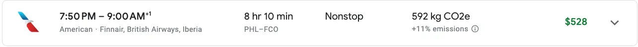 Screenshot of a flight search result for a nonstop Philadelphia to Rome flight priced at $528