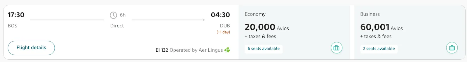 Screenshot of an Aer Lingus award flight from Boston to Dublin priced at 20,000 Avios in Economy or 60,001 Avios in Business class.