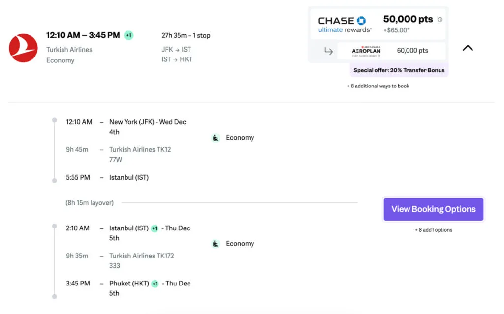 Screenshot of a Turkish Airlines itinerary from New York to Phuket via Istanbul, priced at 50,000 Chase Ultimate Rewards points
