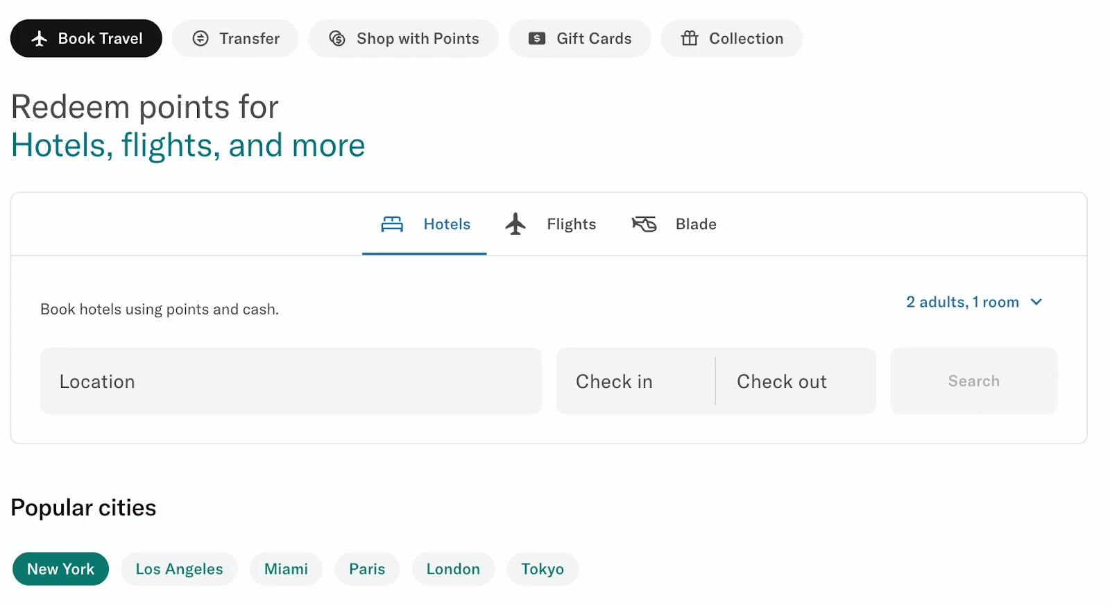 Screenshot of the Bilt Rewards travel portal with the Hotels booking tab selected