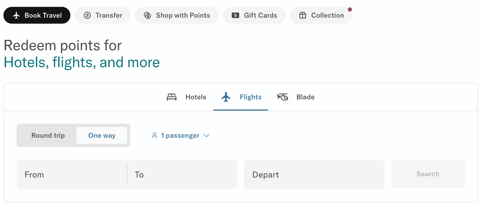 Screenshot of the Bilt Rewards travel portal with the Flights booking tab selected