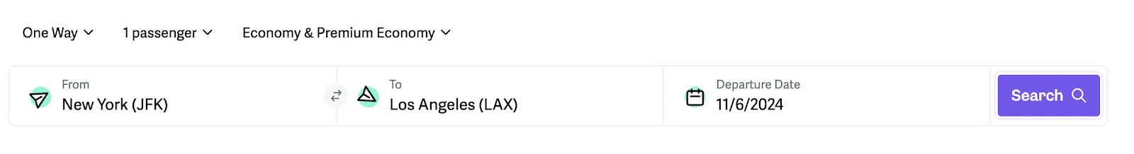 Screenshot of a flight search form set for a one-way trip from New York to Los Angeles.