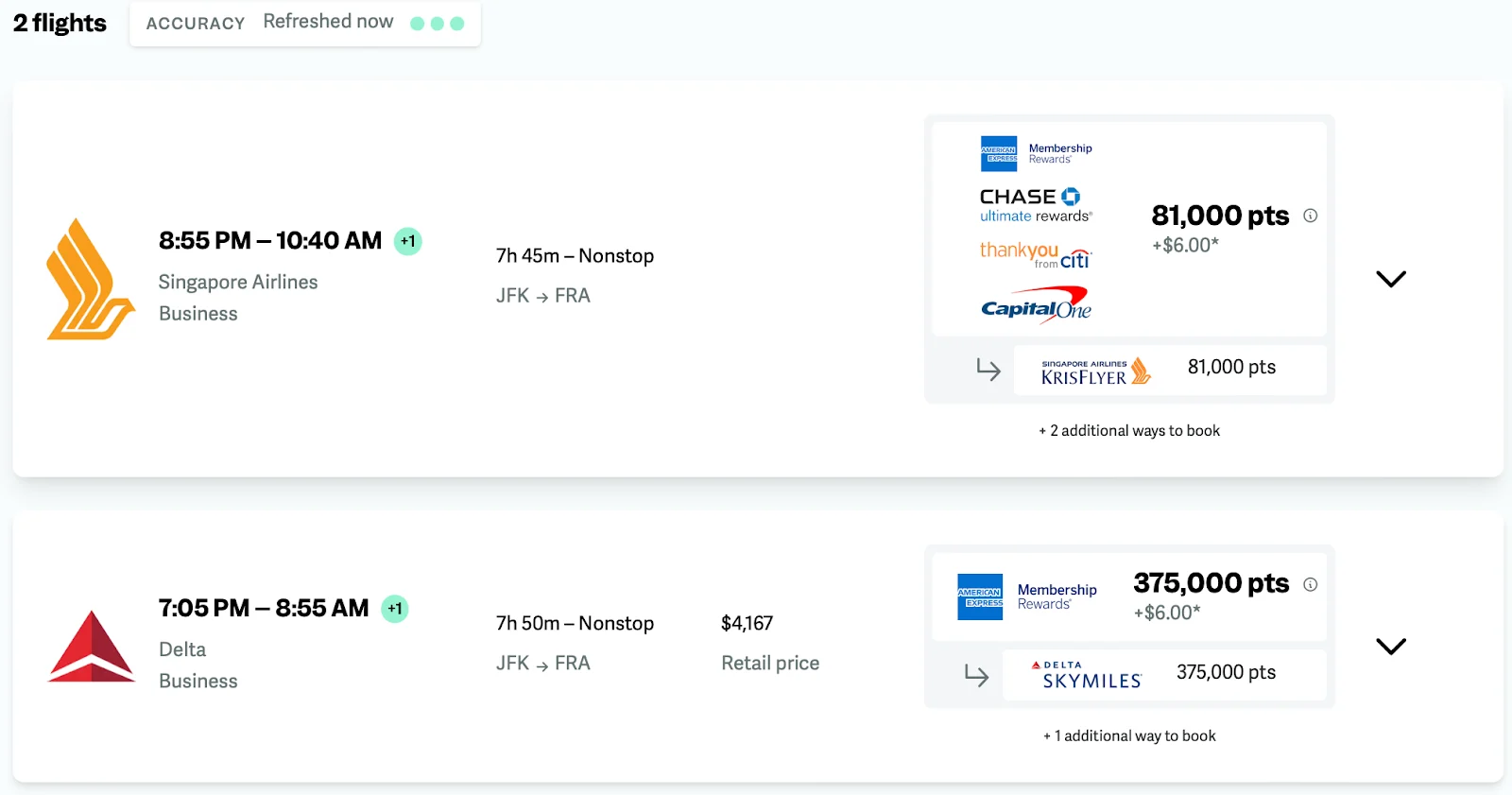 Screenshot of point.me search results for JFK to Frankfurt showing a Singapore Airlines business class award for 81,000 points or a Delta business class option for 375,000 points