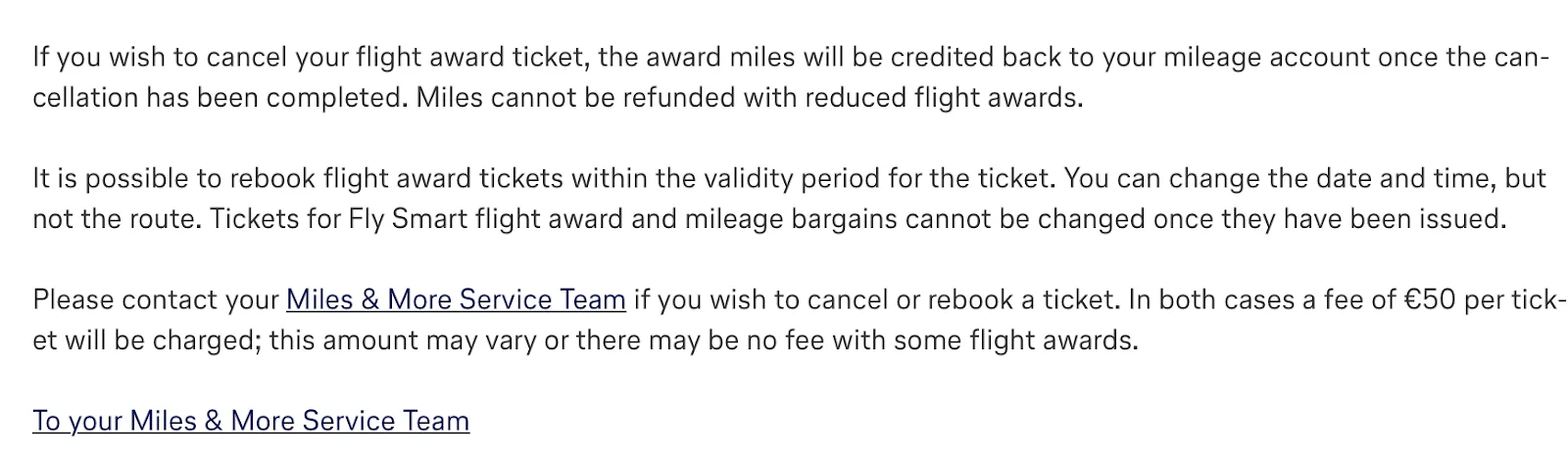 Screenshot of a Miles & More policy explaining that award ticket cancellations and rebookings incur a 50-euro fee per ticket.