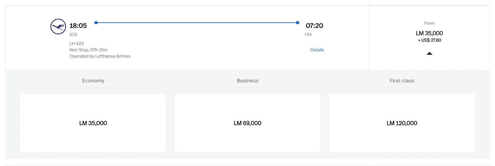 Screenshot of a Lufthansa Miles & More award search for a Boston to Frankfurt flight, showing pricing from 35,000 miles in economy up to 120,000 miles in first class.