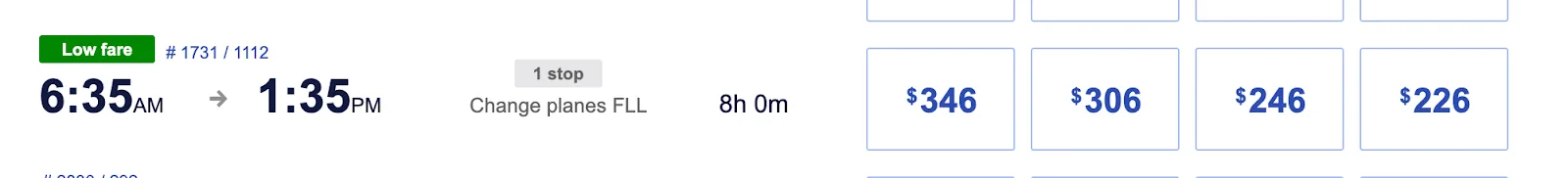 Screenshot of Southwest Airlines fare options for a one-stop flight connecting through Fort Lauderdale