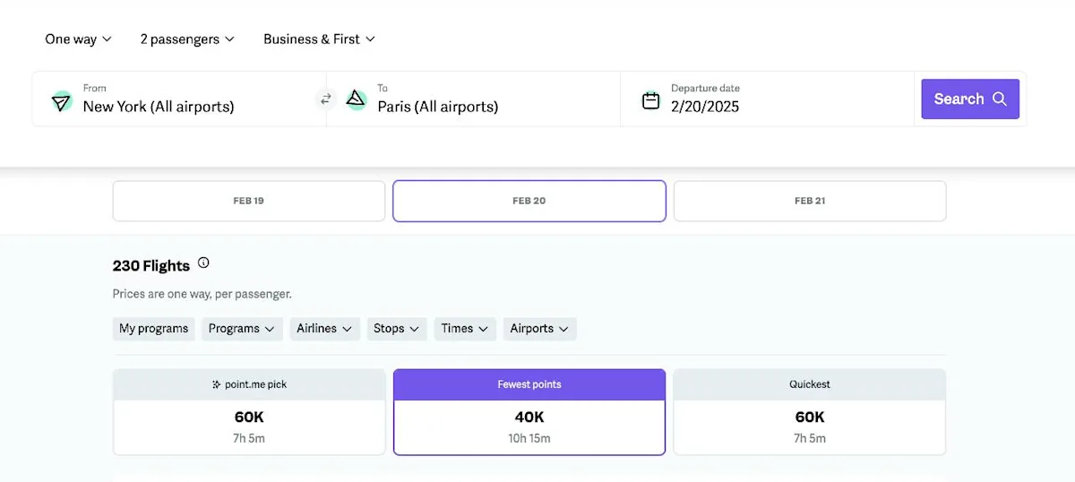 The point.me award search interface, illustrating new co-terminal multi-airport search features.