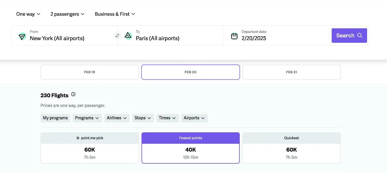 The point.me award search interface, illustrating new co-terminal multi-airport search features.