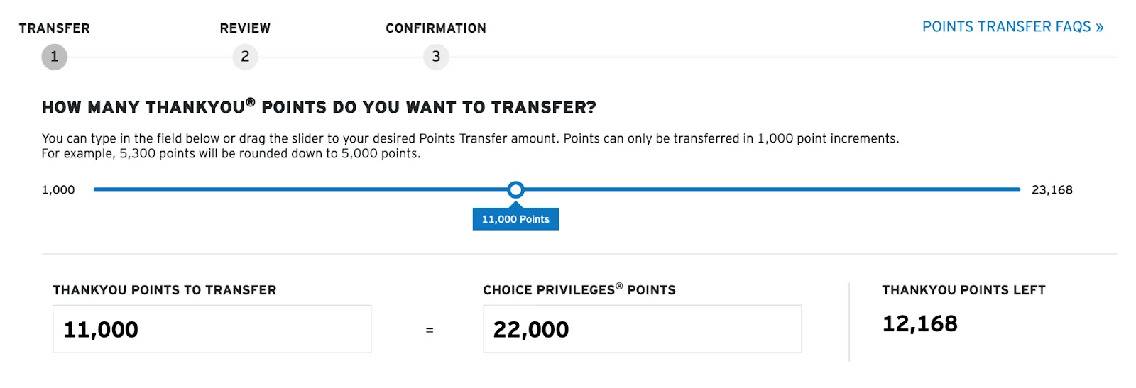 Screenshot of a Citi ThankYou Points transfer screen converting 11,000 ThankYou Points into 22,000 Choice Privileges points