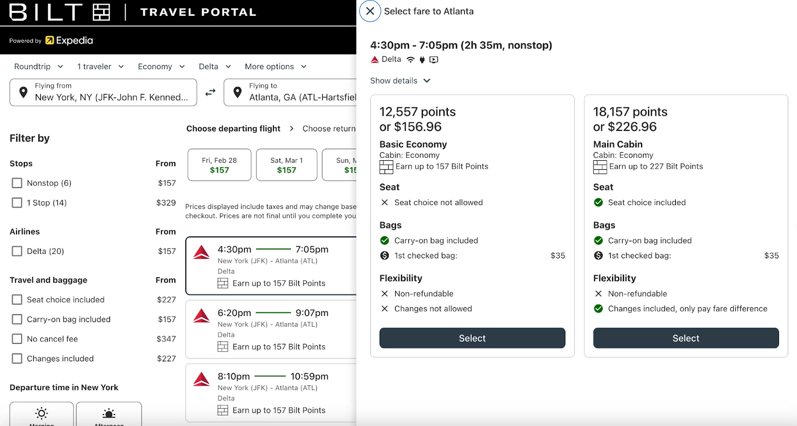 Bilt Travel Portal fare selection screen comparing Basic Economy and Main Cabin pricing in Bilt points for a JFK to Atlanta Delta flight