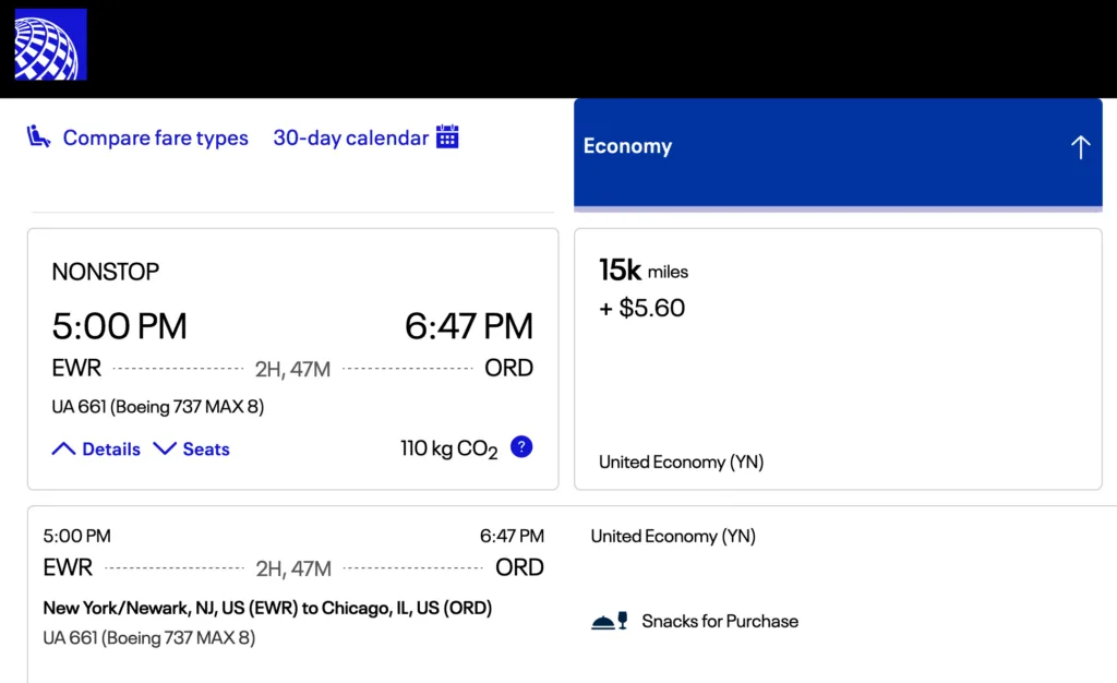 Screenshot of a United Airlines award search for a Newark to Chicago flight, priced at 15,000 miles plus $5.60 in economy.