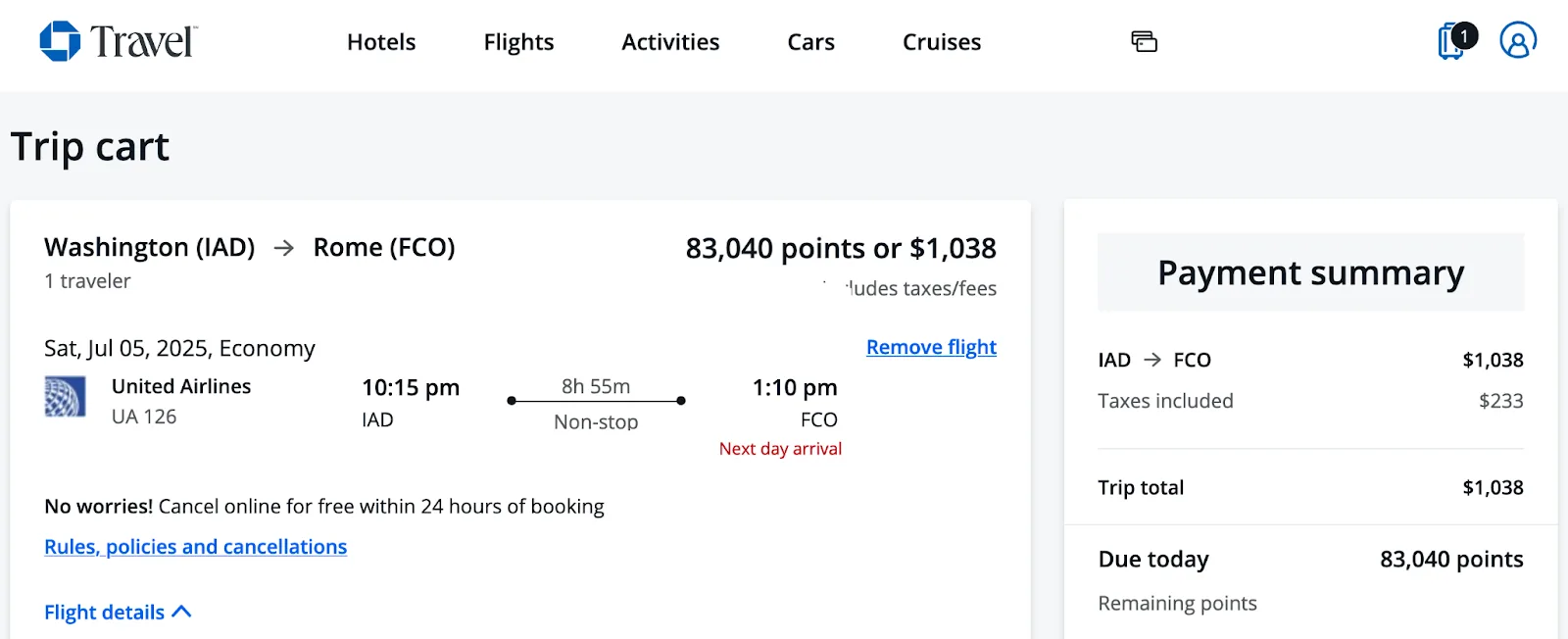Screenshot of the Chase Travel portal trip cart for a United Airlines flight from Washington Dulles to Rome, priced at 83,040 points or $1,038.
