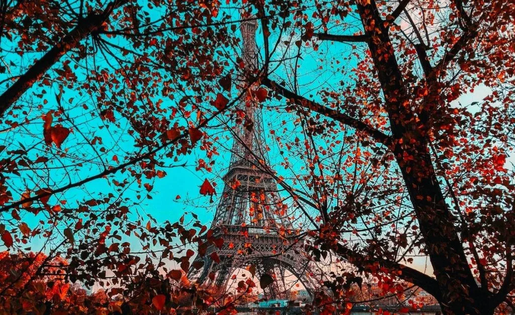 The Eiffel Tower viewed through tree branches with red autumn leaves against a bright blue sky