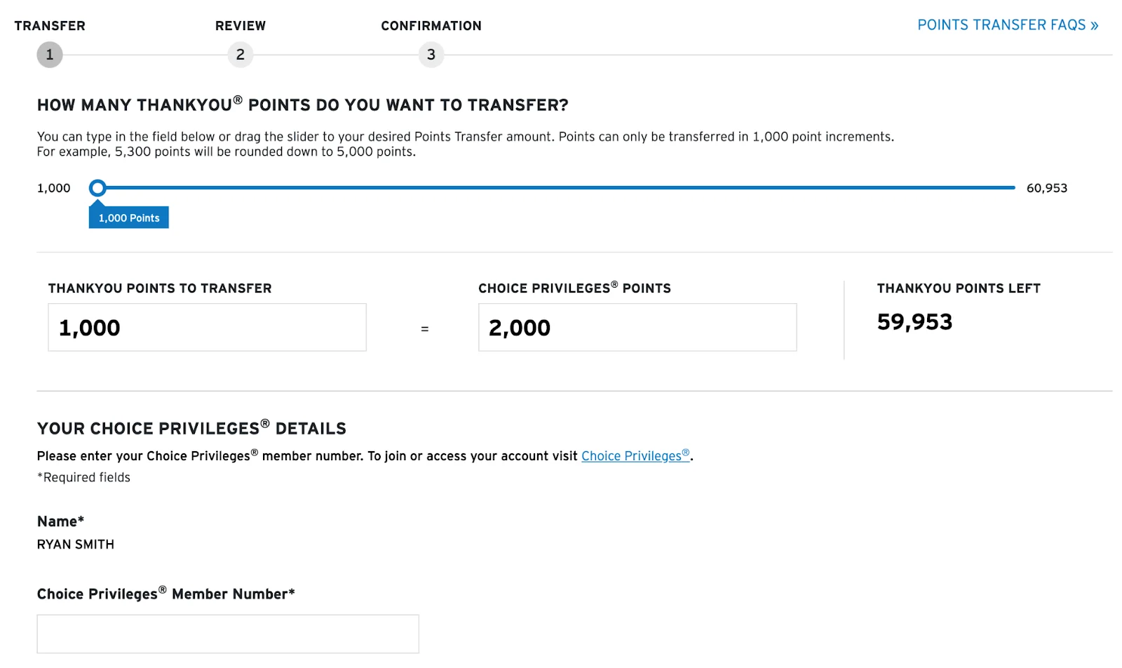 Screenshot of a Citi ThankYou points transfer form showing 1,000 points being converted to 2,000 Choice Privileges points.