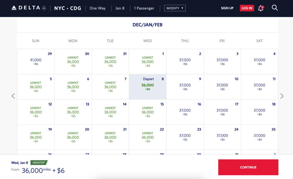Delta.com award calendar for New York to Paris showing a nonstop flight priced at 36,000 miles