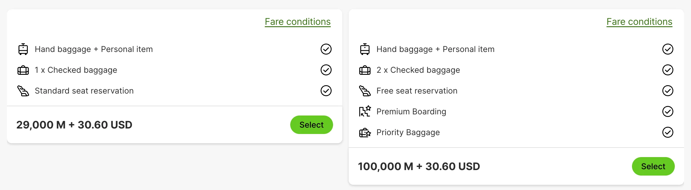 Screenshot of TAP Air Portugal Miles&Go fare options comparing a 29,000-mile fare with checked baggage to a 100,000-mile fare with added perks like priority boarding.