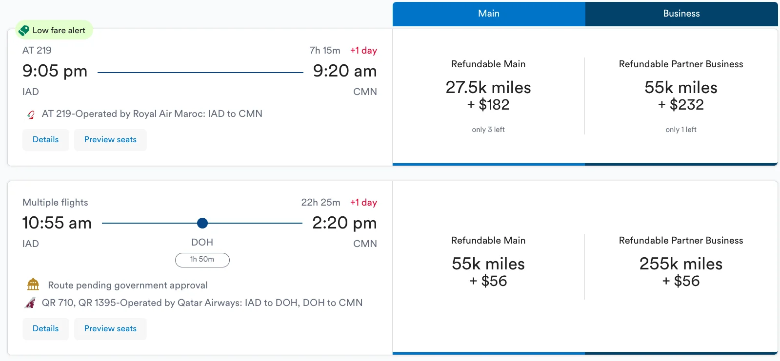 Screenshot of an American Airlines award search from Washington Dulles to Casablanca via Royal Air Maroc and Qatar Airways