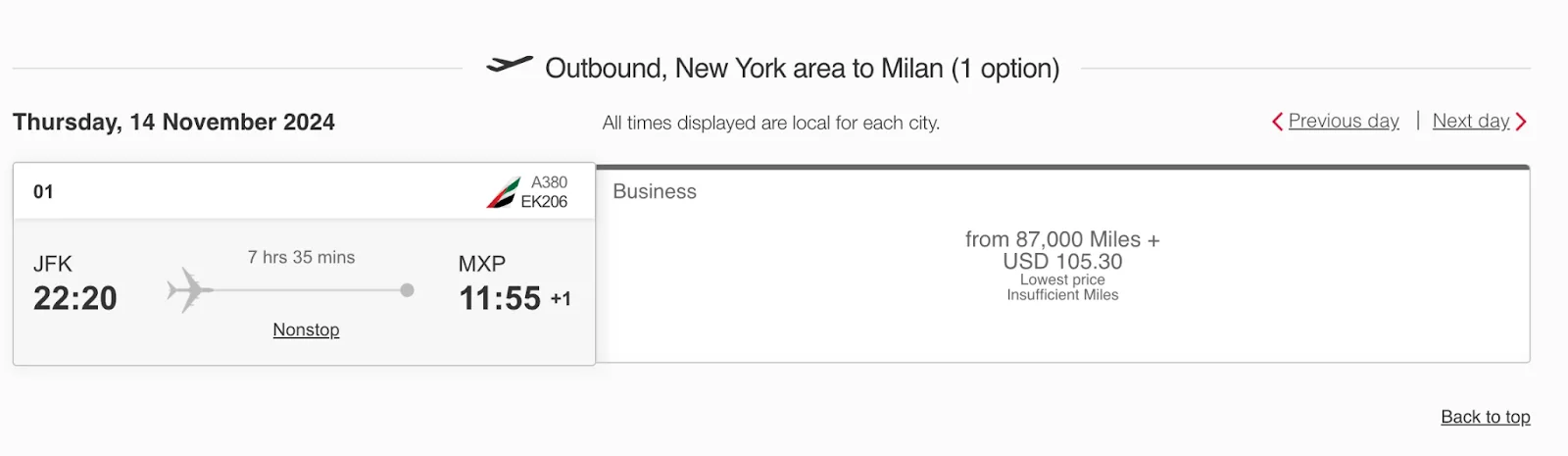 Screenshot of an Emirates award search showing a JFK to Milan business class flight priced from 87,000 miles plus $105.30, marked insufficient miles