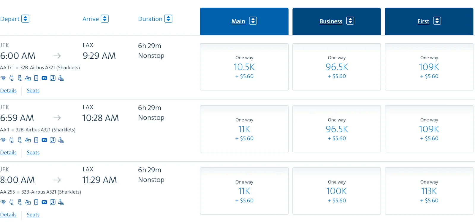 Screenshot of American Airlines award pricing for New York to Los Angeles flights, ranging from about 10,500 miles in Main Cabin to 109,000 miles in First Class.