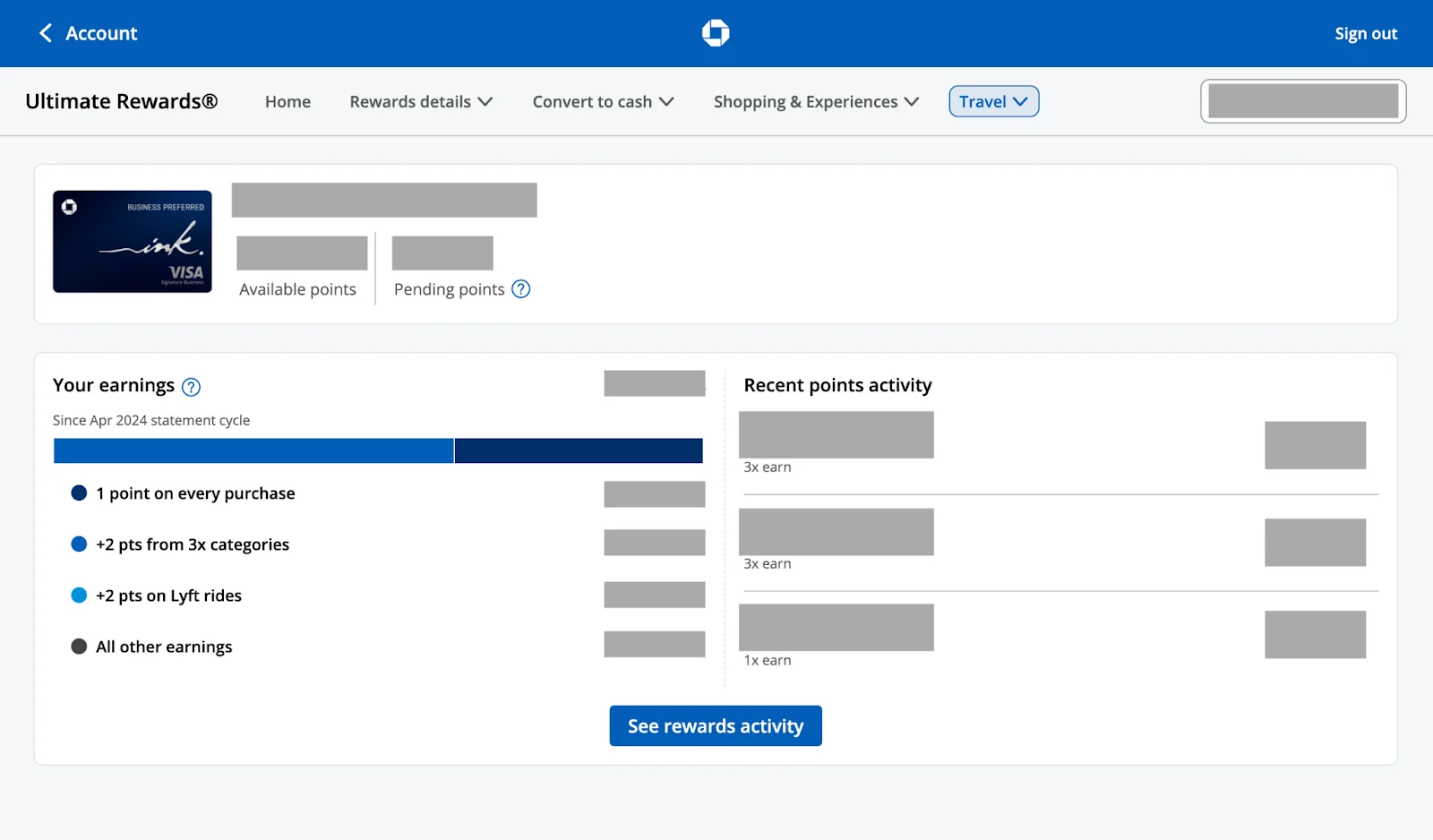 Chase Ultimate Rewards account page for an Ink Business Preferred card, showing available and pending points sections
