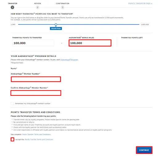 4th step in the transfer portal for Citi ThankYou points 