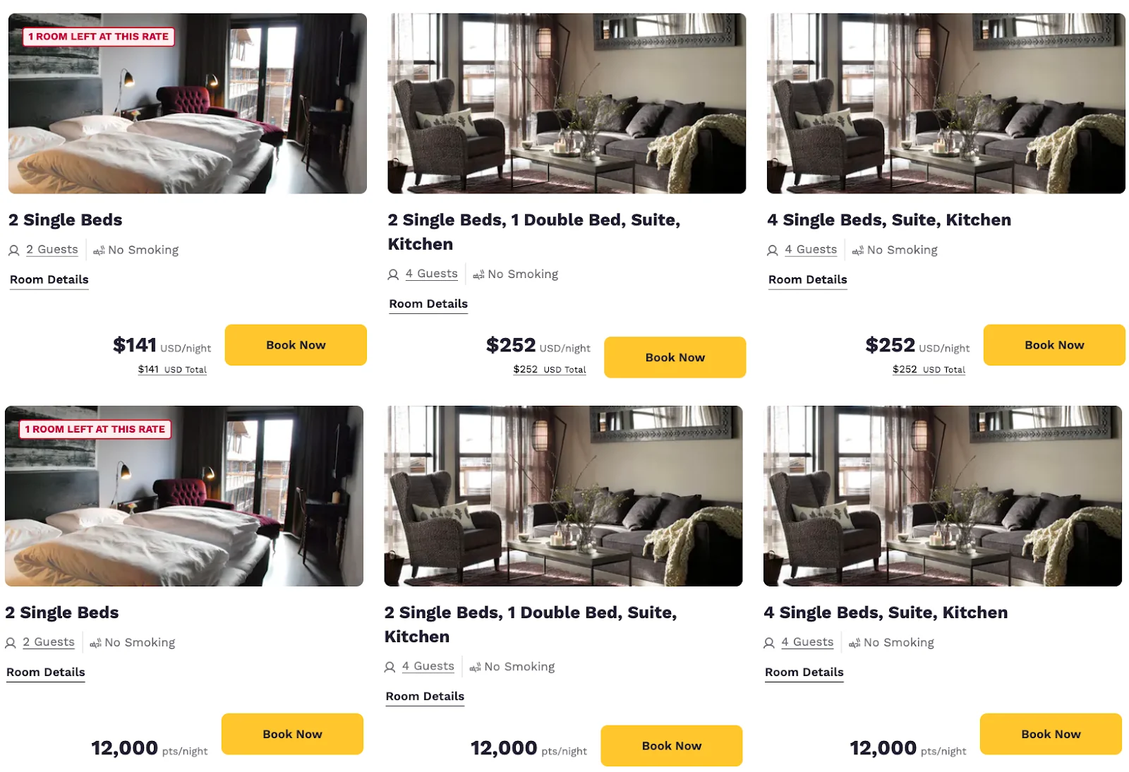 Screenshot of a hotel booking page showing several room types priced from $141 to $252 per night or 12,000 points per night