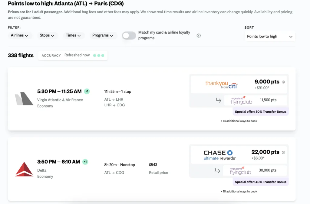 Screenshot of point.me award search results for economy flights from Atlanta to Paris, showing options from 9,000 Virgin Atlantic points via Citi transfer