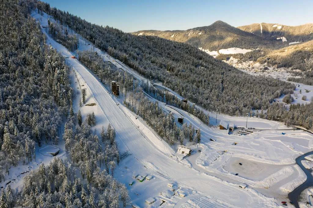 Aerial view of ski jump slopes cutting through a snowy forested valley in Slovenia