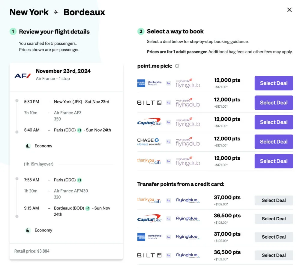 Screenshot of a point.me search for a New York to Bordeaux economy flight on Air France, showing a point.me pick to transfer 12,000 points to Virgin Atlantic Flying Club plus $171