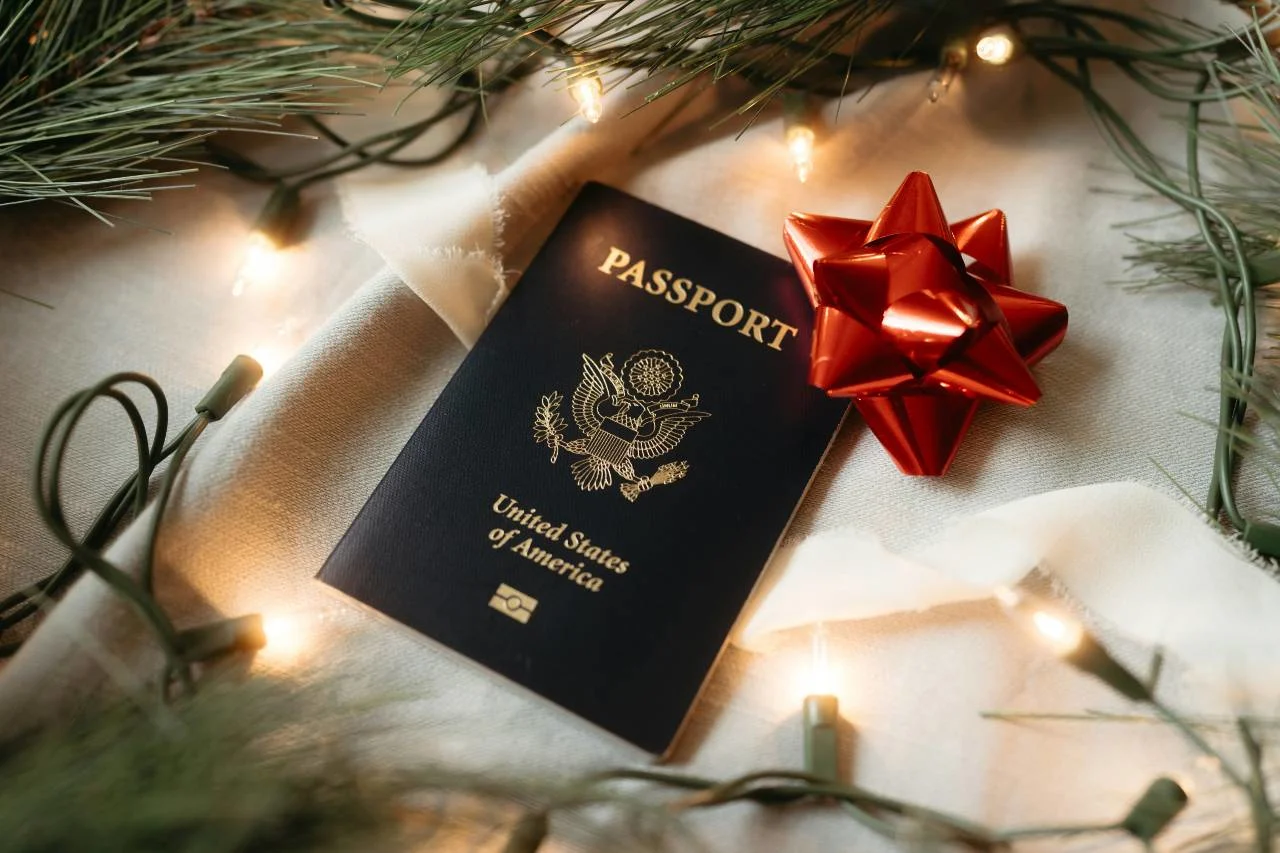 A festive holiday airport scene, illustrating why the holiday season is a great time to redeem points.